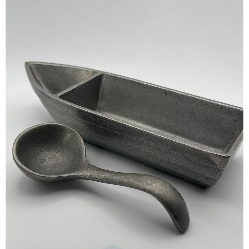 RARE VTG 1972 Wilton Armetale Pewter-Like Boat Nut Dish Bowl Nautical W Spoon